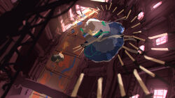  2girls apron between_fingers blue_dress broom broom_riding commentary_request dress dynamic_pose embodiment_of_scarlet_devil floating flying from_above grey_hair highres holding holding_knife indoors izayoi_sakuya kirisame_marisa knife knives_between_fingers multiple_girls niy_(nenenoa) pillar scarlet_devil_mansion sunlight touhou wide_shot 