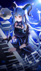  1girl absurdres arknights bang_dream! bang_dream!_it's_mygo!!!!! black_dress black_gloves black_mask black_pantyhose black_ribbon black_wrist_cuffs blue_hair blue_nails blue_shoes commentary_request couch demon_tail dress fingernails flower gloves hair_ribbon highres horns mask masquerade_mask multicolored_hair musical_note musical_staff nail_polish pantyhose puffy_short_sleeves puffy_sleeves quarter_note ribbon shoes short_sleeves shyaka sidelocks single_glove sitting solo table tail togawa_sakiko togawa_sakiko_(master_of_melodia) two-tone_hair unworn_mask upper_body wrist_cuffs yellow_eyes 