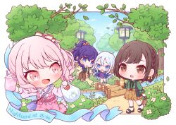  1other 25-ji_nightcord_de._(project_sekai) 3girls :d :o akiyama_mizuki asahina_mafuyu bag black_sandals blue_hair blue_ribbon blush border bridge brown_hair buttons chibi chibi_only collared_shirt commentary_request cup day flower food green_shirt grocery_bag highres holding holding_bag holding_cup lamppost leaf long_hair long_sleeves multiple_girls open_mouth outdoors outside_border oyasumirakko pants pink_hair pink_pants plaid_clothes plaid_skirt pleated_skirt project_sekai purple_hair ribbon river sandals shinonome_ena shirt shopping_bag short_hair skirt smile standing suspenders tree wafer_stick white_border white_shirt yellow_skirt yoisaki_kanade 