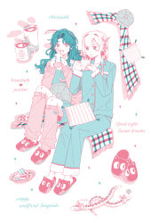 2girls :d blanket blue_hair blue_pajamas character_name commentary_request cup cushion english_text fang full_body green_eyes highres hissabeth holding holding_cup leg_warmers limited_palette long_hair mark_under_eye miniskirt mug multiple_girls pajamas pink_leg_warmers plate pointer_(reverse:1999) reverse:1999 rikini_sushi robot_ears short_hair side-by-side sitting skin_fang skirt slippers smile snake snake_on_head white_background 