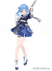  blue_eyes blue_hair blush commentary_request fingernails frilled_skirt frills hair_ornament hanbok hand_fan holding holding_fan hololive hoshimachi_suisei korean_clothes open_mouth paper_fan sankyaku_tako short_hair skirt tassel virtual_youtuber 