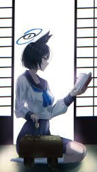  1girl absurdres animal_ears asao_(asaomm12345) black_eyes black_hair black_skirt blue_archive blue_halo blue_neckerchief board_game book cat_ears cat_girl commentary_request from_side halo highres holding holding_book holding_shogi_piece kikyou_(blue_archive) neckerchief sailor_collar seiza shogi short_hair sitting skirt socks solo white_socks 