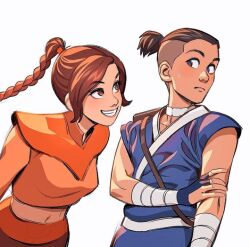  1boy 1girl avatar:_the_last_airbender avatar_legends bandages black_eyes blue_tunic blush braid braided_ponytail briancampise brown_eyes brown_hair choker commentary english_commentary hair_ornament high_ponytail long_hair looking_at_another ponytail short_hair short_ponytail shoulder_strap simple_background single_braid sleeveless sokka teeth third-party_source tunic ty_lee undercut upper_body white_background white_choker 