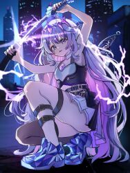  1girl black_jacket black_skirt chest_jewel gem grey_hair highres hololive hololive_english jacket jewel_under_eye koseki_bijou koseki_bijou_(casual) long_hair multicolored_hair official_alternate_costume official_alternate_hairstyle purple_gem short_hair skirt solo tomato_(sword) uduki2025 violet_eyes virtual_youtuber 
