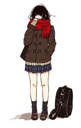  1girl adjusting_scarf ankle_socks bag black_eyes black_hair black_socks blue_skirt brown_cardigan brown_jacket brown_shoes cardigan commentary_request covered_mouth duffel_jacket full_body hand_in_pocket highres instrument instrument_case jacket loafers long_sleeves matsuda_hikari original plaid_clothes plaid_skirt pleated_skirt red_scarf scarf scarf_over_mouth school_uniform shoes simple_background skirt socks solo white_background 