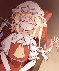  1girl ascot blonde_hair bow closed_eyes collared_shirt commentary_request crystal crystal_wings cup disembodied_hand doll_joints facing_viewer flandre_scarlet frilled_shirt_collar frills hand_in_another's_hair hat hat_bow highres holding holding_brush holding_cup holding_makeup_brush illust_atelier3 joints makeup_brush mob_cap multicolored_wings one-hour_drawing_challenge one_side_up red_bow red_skirt red_vest shirt signature sitting skirt skirt_set solo_focus teacup touhou vest white_hat white_shirt wings yellow_ascot 