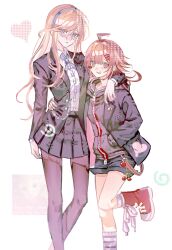  2girls :d absurdres ahoge arm_around_shoulder black_jacket black_shorts black_skirt blonde_hair blue_eyes blue_hairband blue_nails blush_stickers brown_eyes brown_hair brown_hoodie collared_shirt commentary converse danganronpa:_trigger_happy_havoc danganronpa_(series) english_commentary feet_out_of_frame frown genderswap genderswap_(mtf) glasses hairband hand_in_pocket hand_on_another's_waist heirlette highres hood hoodie jacket leg_up long_hair looking_at_viewer multiple_girls naegi_makoto pantyhose pleated_skirt red_shoes semi-rimless_eyewear shirt shoes shorts single_blush_sticker single_sidelock skirt smile togami_byakuya white-framed_eyewear white_background white_shirt 