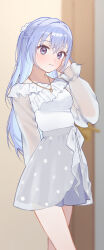  1girl absurdres blue_hair blush commentary_request frilled_shirt_collar frilled_sleeves frills grey_skirt half_updo highres idolmaster idolmaster_shiny_colors indoors long_hair long_sleeves looking_at_viewer polka_dot polka_dot_skirt see-through_clothes see-through_sleeves shirt shirt_tucked_in skirt smile solo suzuki_hana very_long_hair white_shirt yumeme_818 