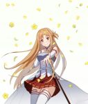  1girl absurdres asuna_(sao) bare_shoulders breasts closed_mouth commentary_request cowboy_shot detached_sleeves flower hand_on_own_chest highres long_hair long_sleeves looking_at_viewer medium_breasts orange_eyes orange_hair pleated_skirt reaching red_skirt simple_background sing_(pixiv65232711) skirt smile solo sword_art_online thigh-highs white_background white_thighhighs wind zettai_ryouiki 