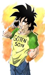  1boy black_eyes black_hair blue_pants cellphone character_name commentary dragon_ball dragon_ball_z english_commentary green_shirt hand_in_pocket highres holding holding_phone muscular muscular_male pants phone print_shirt shirt short_hair smartphone solo son_goten spiky_hair xelyus yellow_shirt 