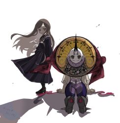  2girls armored_boots atelier_juuju bald blue_serafuku boots cape colored_skin commentary_request full_body gears green_eyes grey_eyes grey_hair highres hooves horns long_hair looking_at_another magia_record:_mahou_shoujo_madoka_magica_gaiden magical_girl mahou_shoujo_madoka_magica mary_janes multiple_girls neckerchief on_ground pants purple_pants red_cape sailor_collar school_uniform serafuku shi_(madoka_magica) shoes simple_background single_horn sitting skirt smile standing stitched_mouth stitches unicorn_girl very_long_hair white_background white_neckerchief white_skin yu_(madoka_magica) yuri 