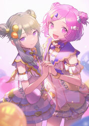  2girls :d blurry bow closed_mouth commentary_request cowboy_shot depth_of_field double_bun dress frills green_hair hair_bun hair_ornament highres holding_hands interlocked_fingers ito_taera kusanagi_nene long_hair looking_at_viewer multiple_girls official_alternate_costume official_alternate_hairstyle ootori_emu open_mouth parted_bangs pink_eyes pink_hair project_sekai purple_bow ribbon short_hair shorts sidelocks smile smile_of_dreamer_(project_sekai) standing star_(symbol) star_hair_ornament swept_bangs violet_eyes 