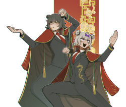  2girls black_hair black_pants cape collared_shirt cowboy_shot double_bun dragon_print gold_trim hair_bun highres kira_(project_moon) kung_fu limbus_company liu_association_south_uniform mei_(project_moon) misg1111 multiple_girls necktie open_mouth pants project_moon red_cape red_necktie shirt short_hair white_hair white_shirt yellow_eyes 
