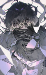  1boy absurdres ahoge black_gloves commentary_request eyebrows_hidden_by_hair gloves grey_hair hair_between_eyes hands_on_own_face highres jacket long_sleeves male_focus medium_hair mura_karuki official_art reverseblue_x_re-birthend simple_background smile solo sususu_(reverseblue) teeth translation_request upper_body white_background white_jacket 