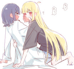  2girls absurdres ahoge arm_around_another's_waist barefoot black_hair blonde_hair blush bracelet cho_kaguya-hime! commentary_request covering_another's_mouth eye_contact face-to-face full-face_blush green_eyes hand_on_another's_back hand_on_another's_mouth highres jewelry kaguya_(cho_kaguya-hime!) kneeling long_hair long_sleeves looking_at_another multiple_girls red_eyes sakayori_iroha short_sleeves simple_background sketch translated very_long_hair wagariro white_background yuri 