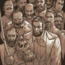  6+boys abraham_lincoln ahmonza ambrose_burnside american_civil_war beard benjamin_butler black_background bow bowtie buttons commentary daniel_sickles double-breasted english_commentary facial_hair george_henry_thomas george_meade henry_slocum highres historical_connection holding holding_skull holding_sword holding_weapon invincible_(series) james_mcphereson john_brown john_buford joseph_hooker military_rank_insignia military_uniform monochrome multiple_boys mustache real_life scene_reference shoulder_boards simple_background skull sword ulysses_simpson_grant united_states_army upper_body weapon william_tecumseh_sherman winfield_scott_hancock 
