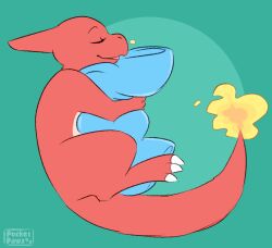  animated animated_gif charmeleon claws closed_eyes fire flame-tipped_tail full_body green_background hugging_object looping_animation no_humans pillow pocketpaws pokemon pokemon_(creature) signature sleeping solo tail 