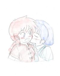  2girls blue_eyes blue_hair braid chinese_clothes closed_eyes english_commentary fuurinkan_high_school_uniform hand_on_another's_arm highres kiss kissing_cheek multiple_girls open_mouth pink_hair rakutakuto ranma_1/2 saotome_ranma saotome_ranma_(female) school_uniform short_hair single_braid surprise_kiss surprised tendou_akane yuri 