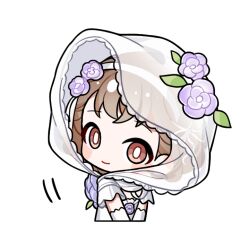  1girl arms_behind_back artist_request blush_stickers bright_pupils brooch brown_eyes brown_hair cloak closed_mouth cropped_torso dress elbow_gloves flower flower_brooch from_behind gloves hair_flower hair_ornament hair_ribbon hairband happy hat hat_flower hood hood_up hooded_cloak infinity_nikki jewelry lace-trimmed_hood leaf looking_at_viewer looking_back luminous_nightflow_(infinity_nikki) nikki_(series) official_art purple_flower ribbon see-through_clothes see-through_hood short_hair short_sleeves smile solo square_neckline sticker_(medium) tareme transparent_background white_cloak white_dress white_gloves white_hairband white_pupils white_ribbon 