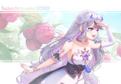  1girl absurdres armpit_crease black_corset breasts chest_jewel colored_inner_hair corset detached_collar detached_sleeves dress food fruit gem grey_hair hand_jewel highres hololive hololive_english jewel_under_eye koseki_bijou koseki_bijou_(1st_costume) long_hair material_growth multicolored_hair open_mouth pink_hair purple_gem purple_nails raspberry single_detached_sleeve small_breasts solo teeth upper_teeth_only violet_eyes virtual_youtuber white_dress yuyu_(kerfish50927) 
