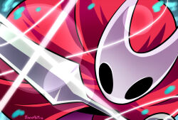  1girl bano_akira cloak commentary_request holding holding_needle hollow_knight horned_mask hornet_(hollow_knight) looking_at_viewer mask needle needle_(hollow_knight) red_cloak solo white_mask 