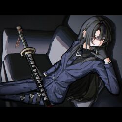  1girl absurdres belt black_gloves black_hair blue_jacket blue_pants blue_suit cigarette commentary couch crossed_legs gloves highres holding holding_cigarette holding_sword holding_weapon jacket letterboxed limbus_company long_hair long_sleeves looking_at_viewer myeongwora necktie on_couch ootachi pants parted_bangs pinky_(identity)_(project_moon) project_moon red_eyes ryoshu_(project_moon) scabbard sheath sheathed shirt sitting solo suit suit_jacket sword thigh_belt thigh_strap weapon 