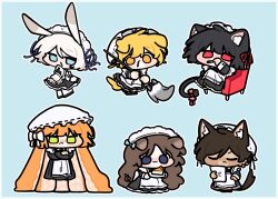  6+girls :< animal_ears apron black_hair blonde_hair blue_background blue_eyes bob_cut broom brown_hair cat_ears cat_tail closed_mouth dog_ears don_quixote_(project_moon) faust_(project_moon) green_eyes hat highres holding holding_broom ishmael_(project_moon) limbus_company littlesoin long_hair maid maid_apron maid_headdress mob_cap multiple_girls orange_hair outis_(project_moon) project_moon rabbit_ears red_eyes rodion_(project_moon) ryoshu_(project_moon) simple_background tail tentacle_hair very_long_hair white_hair yellow_eyes 