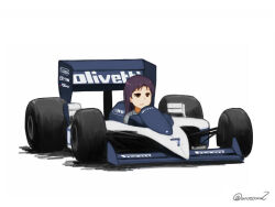  1girl blue_car blue_hair brown_eyes car closed_mouth commentary_request formula_racer idolmaster idolmaster_(classic) jitome kayatsu_urotoma kisaragi_chihaya long_hair motor_vehicle race_vehicle racecar simple_background solo twitter_username unamused white_background 