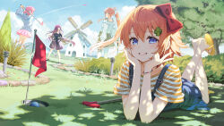  4girls ball birthday black_dress blue_eyes bow bracelet bush clover_hair_ornament commentary doki_doki_literature_club dress english_commentary english_text flag flip-flops four-leaf_clover_hair_ornament golf_ball grass grey_hoodie hair_bow hair_ornament highres hood hoodie jewelry lying minigolf monika_(doki_doki_literature_club) multiple_girls natsuki_(doki_doki_literature_club) off-shoulder_sweater off_shoulder official_art on_stomach overall_skirt pink_hair pink_skirt ponytail purple_hair putter red_bow sandals sayori_(doki_doki_literature_club) shirt skirt smile striped_clothes striped_shirt sweater tree white_sweater windmill yuri_(doki_doki_literature_club) 