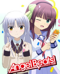  2girls ;d angel_beats! anniversary black_skirt blue_skirt blunt_bangs blush closed_mouth collared_shirt commentary_request confetti copyright_name cowboy_shot eyes_visible_through_hair green_eyes grey_hair hair_between_eyes hairband hands_up happy highres holding holding_party_popper index_finger_raised jacket lelie_(lelie_link) long_hair long_sleeves looking_at_viewer medium_hair multiple_girls nakamura_yuri neck_ribbon neckerchief one_eye_closed open_mouth party_popper pink_neckerchief pleated_skirt purple_hair purple_hairband ribbon sailor_collar sailor_shirt shinda_sekai_sensen_uniform shirt sidelocks simple_background skirt smile split_mouth tachibana_kanade white_background white_shirt yellow_eyes yellow_jacket yellow_ribbon 