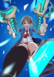  1girl absurdres blue_shirt commentary_request dual_wielding heaven_burns_red highres holding holding_sword holding_weapon kayamori_ruka necktie open_clothes open_mouth open_shirt phant0m red_eyes red_necktie shirt sword weapon white_shirt 
