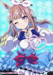  +_+ 1girl almond_eye_(the_changer)_(umamusume) almond_eye_(umamusume) animal_ears blue_dress blue_eyes blue_gloves blush bow bow_hairband braid braided_sidelocks breasts brown_hair checkered_collar closed_mouth colored_inner_hair commentary_request detached_sleeves dress fingerless_gloves gloves hair_ornament hairband hairclip heart heart_hands horse_ears horse_girl long_hair looking_at_viewer medium_breasts multicolored_hair one_eye_closed red_bow red_buttons shirasu_udon sidelocks smile solo symbol-shaped_pupils umamusume white_hairband x-shaped_pupils 