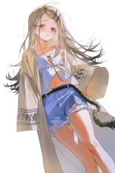  1girl blonde_hair blush camisole camisole_lift clothes_lift collarbone denim denim_shorts earrings flipped_hair floating_hair gakuen_idolmaster hair_ornament hairclip hhuu1332 highres idolmaster jewelry long_hair midriff_peek navel open_clothes open_robe orange_eyes parallel_hairclips robe rope_belt shinosawa_hiro shorts solo torn_clothes torn_shorts white_background white_camisole white_robe wind wind_lift 