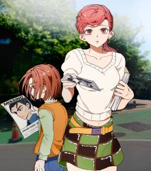  1boy 1girl absurdres belt blurry blurry_background checkered_clothes checkered_skirt commentary_request crernebrulee diamond_wa_kudakenai highres jacket jojo_no_kimyou_na_bouken kawajiri_hayato kawajiri_kosaku kawajiri_shinobu korean_commentary long_hair missing_poster navel orange_jacket red_eyes red_hair skirt sweater white_sweater yellow_belt 