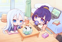  25-ji_miku 3girls :d asahina_mafuyu blue_eyes blue_hair blue_jacket blush brown_pants cardigan chibi chibi_only commentary_request cup curtains drinking full_body hair_ornament hair_scrunchie hatsune_miku highres holding holding_cup indoors jacket kagamine_len kagamine_rin kaito_(vocaloid) lamp long_hair long_sleeves mini_person minigirl mug multiple_girls open_cardigan open_clothes open_jacket open_mouth oyasumirakko pants ponytail project_sekai purple_hair purple_shirt scrunchie shirt sitting smile tissue_box violet_eyes white_cardigan window yellow_scrunchie yoisaki_kanade 
