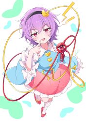  1girl :3 black_hairband blue_shirt breasts buttons collared_shirt commentary disembodied_linked_eye eyeball floral_print frilled_shirt_collar frilled_skirt frilled_sleeves frills full_body hair_between_eyes hair_ornament hairband heart heart_button heart_hair_ornament highres kamuraaa_615 komeiji_satori long_sleeves looking_at_viewer open_mouth pink_eyes pink_skirt pink_slippers print_skirt purple_hair ribbon-trimmed_collar ribbon_trim rose_print shirt short_hair skirt slippers small_breasts smile socks solo touhou white_socks wide_sleeves 