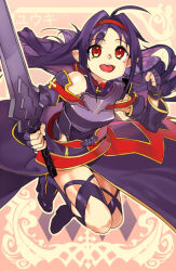  1girl :d ahoge armor bare_shoulders boots breastplate breasts collared_leotard commentary detached_sleeves english_commentary floating full_body girutea hair_intakes hairband hands_up high_collar high_heel_boots high_heels holding holding_weapon leotard long_hair long_skirt long_sleeves looking_at_viewer obsidian_slasher parted_bangs pink_background pointy_ears purple_armor purple_boots purple_hair purple_leotard purple_skirt purple_sleeves red_eyes red_hairband sidelocks skirt small_breasts smile solo sword_art_online teeth thigh_boots tongue translation_request upper_teeth_only weapon white_background yellow_trim yuuki_(sao) 