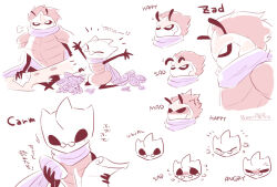  2boys arthropod_boy bano_akira cape expression_chart geo_(hollow_knight) helmet hollow_knight monochrome multiple_boys original pince-nez red_theme scarf 