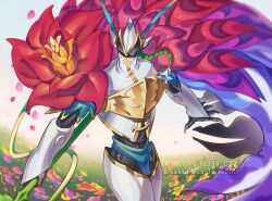  armor bloomlordmon blue_cape blue_eyes cape commentary confeito000_333 cowboy_shot digimon digimon_(creature) highres holding holding_weapon knight purple_cape red_cape solo twitter_username untranslatable_commentary weapon white_armor 