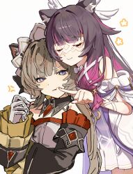  2girls anger_vein animal_ears arm_ribbon behind_another black_collar black_hair black_sleeves blue_eyes bonnet bow brown_hair cat_ears cheek_poking closed_eyes closed_mouth collar colored_inner_hair columbina_(genshin_impact) commentary_request detached_collar detached_sleeves dress eye_mask flower_symbol frilled_sleeves frills gem genshin_impact gloves hair_flaps hair_ornament hair_tubes hand_up highres kemonomimi_mode kotutgoz6c15813 long_hair long_sidelocks mask multicolored_hair multiple_girls multiple_wings poking purple_hair purple_streaks red_gem ribbon sandrone_(genshin_impact) see-through_clothes see-through_mask short_hair_with_long_locks sidelocks simple_background smile streaked_hair two-tone_hair upper_body very_long_hair white_background white_bow white_dress white_gloves white_headdress white_mask white_ribbon white_wings wide_sleeves wing_hair_ornament wings yuri 