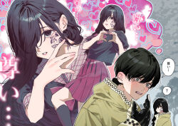  1boy 1girl black_eyes black_gloves black_hair black_serafuku black_shirt black_socks blush chigusa_minori commentary_request cowboy_shot facial_tattoo gloves hair_over_one_eye hand_up heart heart_hands jacket kneehighs long_hair long_sleeves looking_at_viewer low_ponytail nagao_muuton neck_ribbon nippon_sangoku no_pupils official_art open_mouth parted_lips ponytail purple_ribbon purple_skirt ribbon school_uniform serafuku shirt short_sleeves skirt socks speech_bubble standing tattoo thought_bubble tiger_tattoo upper_body wajima_ouga yellow_jacket 