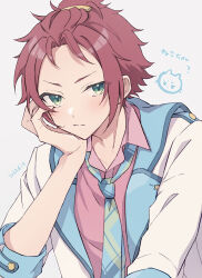  1boy absurdres arm_support bangs_pinned_back cat closed_mouth collared_shirt commentary curtained_hair dated ensemble_stars! eyes_visible_through_hair green_eyes grey_background hair_ornament hairclip hand_on_own_face hand_up highres isara_mao jacket lapels layered_clothes long_sleeves looking_at_viewer male_focus multicolored_necktie necktie notched_lapels official_alternate_costume open_clothes open_collar open_jacket pink_shirt red_hair reijiro rocket_start_(ensemble_stars!) shirt short_hair simple_background solo split_mouth wing_collar 