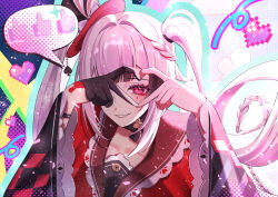  1girl absurdres black_choker black_gloves braid butterfly-shaped_pupils chinese_commentary choker commentary_request eyeshadow facial_hair floating_hair gloves hat heart heart_hands heart_hands_over_eye highres honkai:_star_rail honkai_(series) long_hair looking_at_viewer makeup mini_hat mini_top_hat multicolored_hair parted_lips portrait red_eyes red_eyeshadow red_streaks side_braid single_glove solo sparkle_(honkai:_star_rail) sparxie_(honkai:_star_rail) speech_bubble spoken_thumbs_up streaked_hair symbol-shaped_pupils top_hat twintails upper_body very_long_hair watatai white_background wide_sleeves 