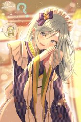  2girls ? absurdres apron blue_eyes blue_hair blurry blurry_background blush bow commentary_request depth_of_field dot_nose frilled_apron frills hair_between_eyes hair_bow hair_ornament head_tilt highres hinomori_shizuku indoors japanese_clothes kagamine_rin kimono koromonme66 leaf_hair_ornament leaf_print leo/need_rin long_hair long_sleeves looking_at_viewer maid maid_headdress maple_leaf_hair_ornament maple_leaf_print mata_konoha_no_irozuku_koro_ni_(project_sekai) mole mole_under_mouth multiple_girls official_alternate_costume parted_lips project_sekai purple_bow purple_kimono sidelocks smile solo_focus spoken_character steepled_fingers twitter_username wa_maid waist_apron white_apron white_headdress wide_sleeves yagasuri 