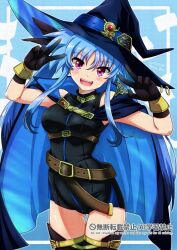  1girl :d bare_shoulders belt black_gloves black_thighhighs blue_background blue_cape blue_hair border breasts cape covered_groin double-parted_bangs double_v gem_hat_ornament gloves hair_between_eyes hat hat_ring highres levi_the_slasher long_sidelocks looking_at_viewer loose_belt lyrical_nanoha magical_girl mahou_shoujo_lyrical_nanoha mahou_shoujo_lyrical_nanoha_a's mahou_shoujo_lyrical_nanoha_a's_portable:_the_battle_of_aces mahou_shoujo_lyrical_nanoha_a's_portable:_the_gears_of_destiny mahou_shoujo_lyrical_nanoha_innocent medium_breasts multiple_belts open_mouth outside_border parted_bangs red_eyes san-pon sidelocks simple_background sleeveless smile solo thigh-highs two-sided_cape two-sided_fabric upper_body v white_border wispy_bangs witch witch_hat 
