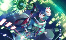  1girl :o aihara_tsubaki aihara_tsubaki_(cosplay) black_bow black_thighhighs blue_hair blunt_bangs blurry bow commentary_request cosplay depth_of_field floral_print fox_mask from_above full_body game_asset gun hammer highres holding japanese_clothes kimono letterboxed long_sleeves looking_at_viewer mask mask_on_head non-web_source obi off_shoulder official_art ongeki outdoors parted_lips pillarboxed red_eyes red_scarf sandals sash scarf self-datamine senju_koyomi short_hair solo standing tassel thigh-highs weapon wide_sleeves world_dai_star 