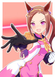  1girl animal_ears asymmetrical_gloves black_gloves blush breasts brown_hair clenched_hand commentary_request epaulettes flower_in_eye gloves gold_hairband hairband horse_ears horse_girl long_hair looking_at_viewer mismatched_gloves neckerchief open_mouth outstretched_arm ponytail sakura_bakushin_o_(blossom_in_learning)_(umamusume) sakura_bakushin_o_(umamusume) sleeveless sleeveless_jacket smile solo symbol_in_eye umamusume violet_eyes white_gloves yellow_neckerchief yoshiharu_izumi 