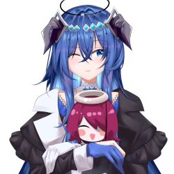  1girl arknights asymmetrical_gloves black_dress black_halo black_horns blue_eyes blue_gloves blue_hair character_doll chinese_commentary commentary_request crossed_bangs doll dress exusiai_(arknights) gloves hair_between_eyes hair_ornament halo highres holding holding_doll horns long_hair long_sleeves mismatched_gloves mostima_(arknights) mostima_(ethereal_harmony)_(arknights) official_alternate_costume one_eye_closed partial_commentary partially_fingerless_gloves pengzlp simple_background solo traditional_halo upper_body white_background white_gloves 