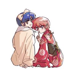  2girls :p blue_hair bow braid brown_eyes chinese_commentary closed_mouth commentary_request english_text finger_to_mouth food hair_bow highres japanese_clothes kamaboko kimono looking_at_viewer looking_back luuxiriver multiple_girls narutomaki pink_eyes ranma_1/2 red_hair red_kimono saotome_ranma saotome_ranma_(female) short_hair shushing single_braid sitting small_sweatdrop smile tendou_akane tongue tongue_out yellow_bow 