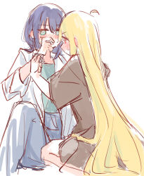  2girls @_@ ahoge black_hair blonde_hair blush bracelet cho_kaguya-hime! commentary_request green_eyes highres jewelry kaguya_(cho_kaguya-hime!) long_hair multiple_girls red_eyes sakayori_iroha short_sleeves simple_background sitting sketch very_long_hair wagariro white_background yuri 